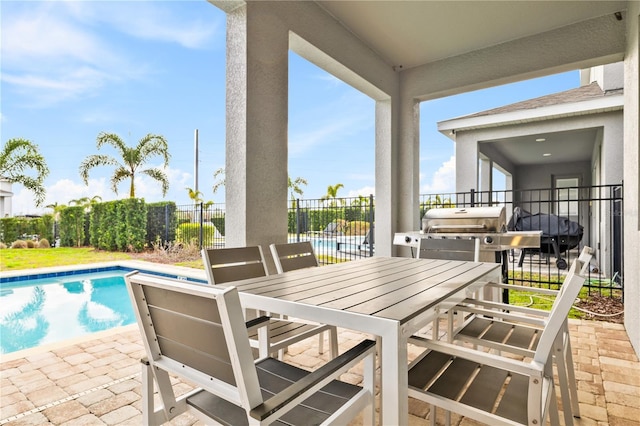 view of patio featuring a fenced in pool and a grill