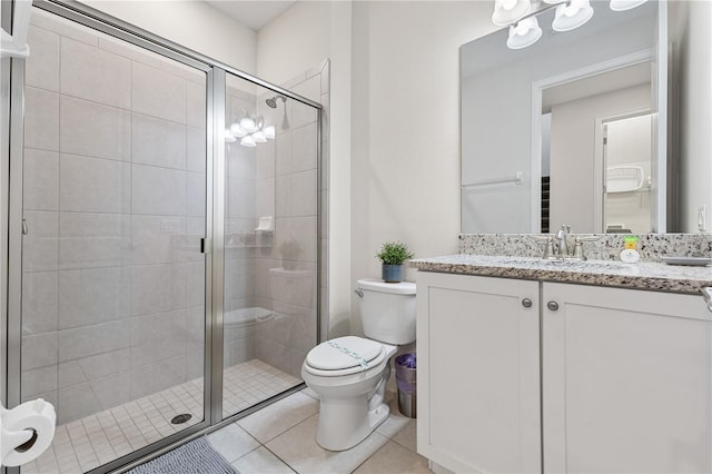 bathroom with vanity, an enclosed shower, tile patterned floors, and toilet