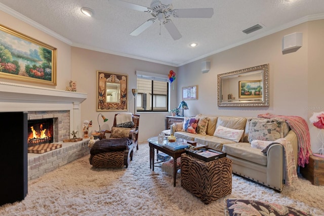 living room featuring crown molding, light colored carpet, a brick fireplace, and a textured ceiling