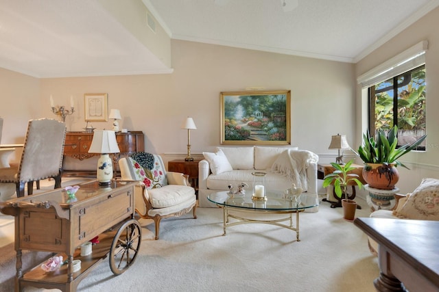 living room featuring crown molding and carpet