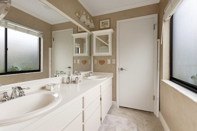 bathroom with vanity and crown molding