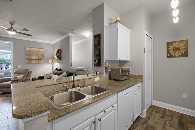 kitchen with white cabinetry, dishwasher, sink, dark hardwood / wood-style flooring, and kitchen peninsula