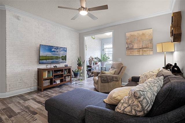 living room with brick wall, ornamental molding, dark hardwood / wood-style floors, and a textured ceiling