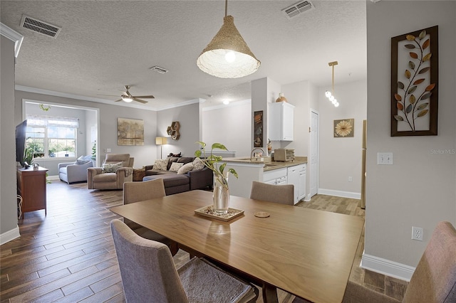 dining room with sink, crown molding, ceiling fan, a textured ceiling, and light wood-type flooring