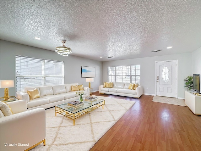 living room with wood-type flooring and a textured ceiling