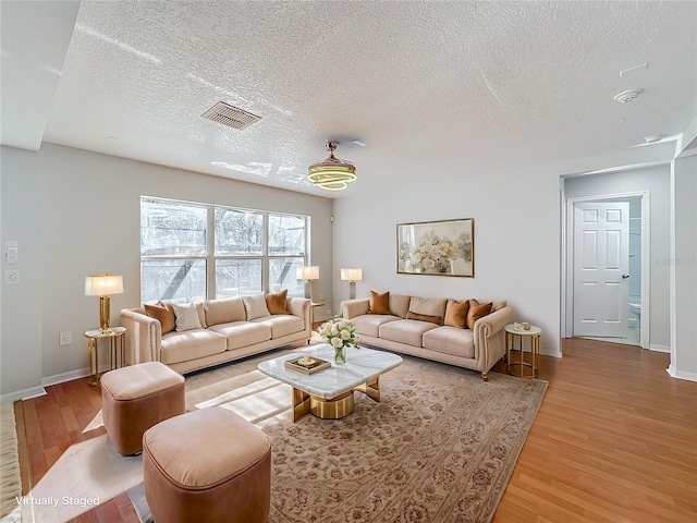 living room featuring hardwood / wood-style floors and a textured ceiling