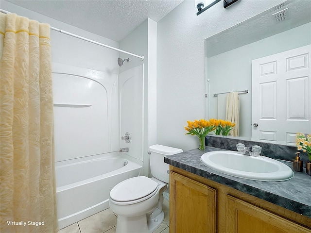 full bathroom featuring toilet, shower / tub combo, a textured ceiling, vanity, and tile patterned flooring