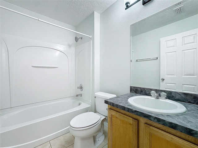 full bathroom featuring tile patterned floors, toilet, a textured ceiling, vanity, and shower / bath combination