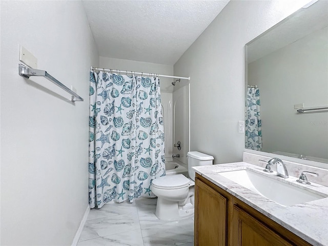 full bathroom featuring shower / bath combination with curtain, vanity, toilet, and a textured ceiling