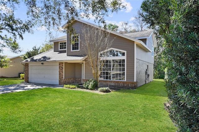 front facade with a garage and a front lawn