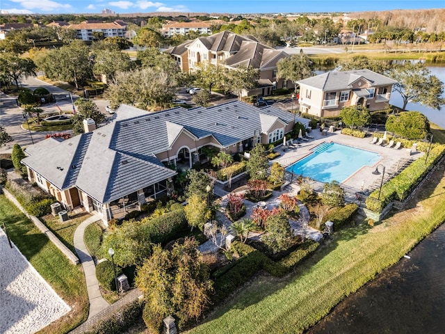 bird's eye view with a water view