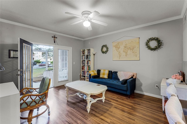 living room with ornamental molding and dark wood-type flooring