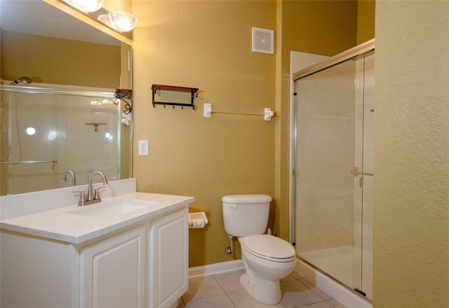 bathroom featuring walk in shower, tile patterned floors, toilet, and vanity