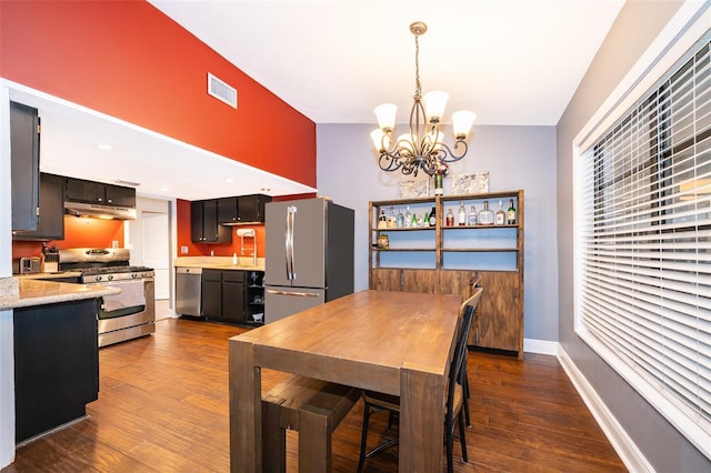 dining space featuring lofted ceiling, dark hardwood / wood-style floors, a chandelier, and sink