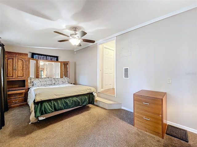 bedroom featuring carpet floors and ceiling fan