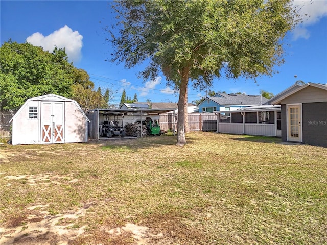 view of yard with a storage shed