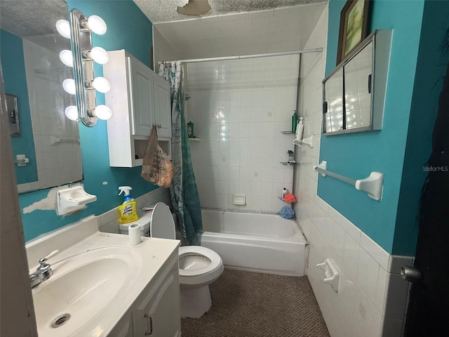 full bathroom featuring toilet, a textured ceiling, vanity, shower / bathtub combination with curtain, and tile patterned flooring