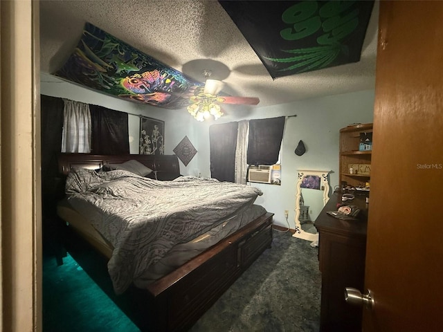 carpeted bedroom featuring cooling unit, ceiling fan, and a textured ceiling