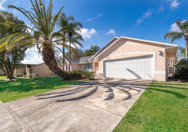 single story home featuring a garage and a front yard