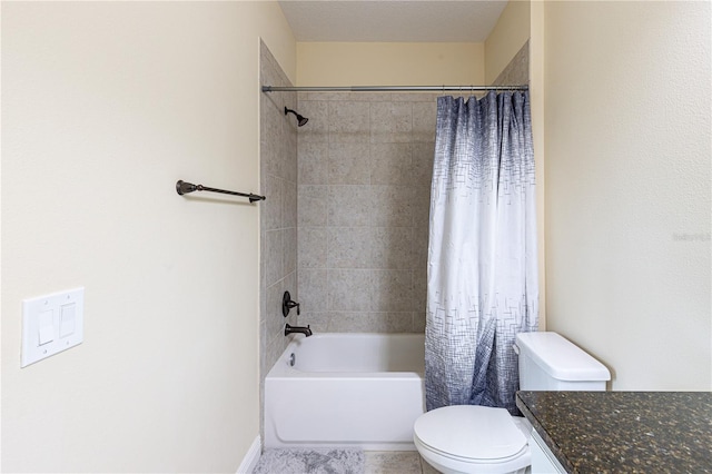 full bathroom with shower / bathtub combination with curtain, vanity, tile patterned floors, and toilet