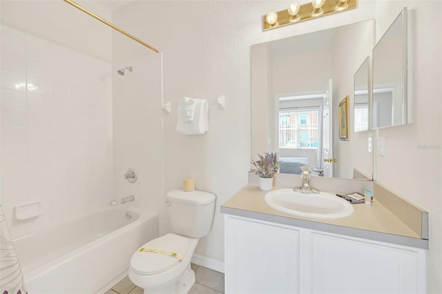 full bathroom featuring vanity, tile patterned flooring, bathing tub / shower combination, and toilet
