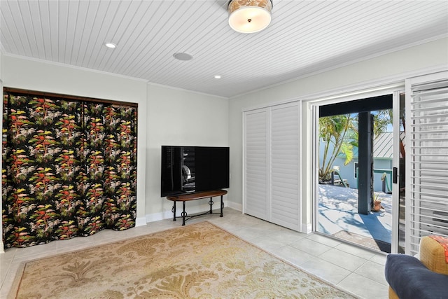 tiled living room featuring ornamental molding and wooden ceiling