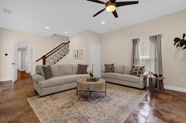 living room with ceiling fan