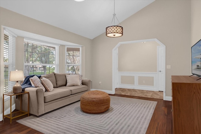 living room featuring lofted ceiling and dark hardwood / wood-style flooring