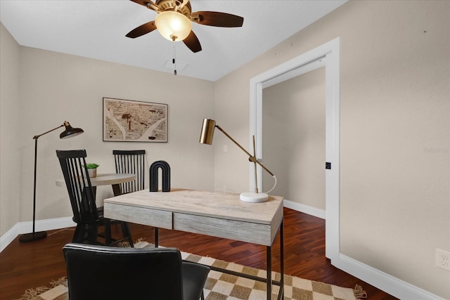 office space featuring dark wood-type flooring and ceiling fan