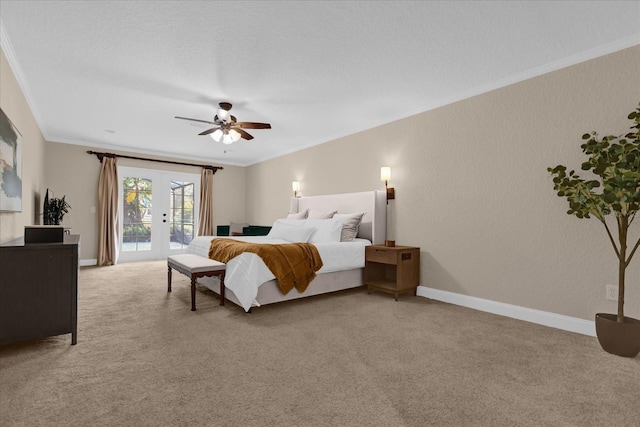 bedroom featuring light carpet, crown molding, access to outside, and french doors