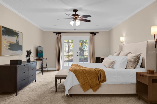 carpeted bedroom with access to exterior, crown molding, french doors, and ceiling fan