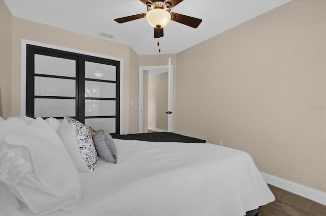 bedroom featuring carpet floors and ceiling fan