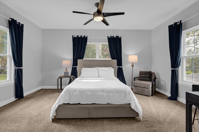 bedroom featuring ceiling fan, carpet floors, and multiple windows