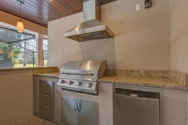 view of patio featuring area for grilling, an outdoor kitchen, and glass enclosure