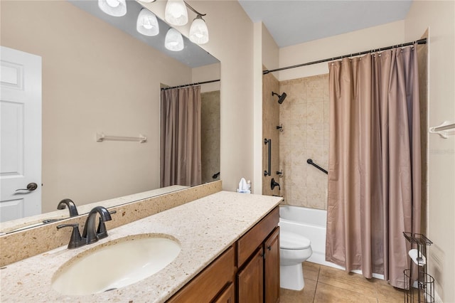 full bathroom featuring shower / tub combo with curtain, vanity, toilet, and tile patterned flooring