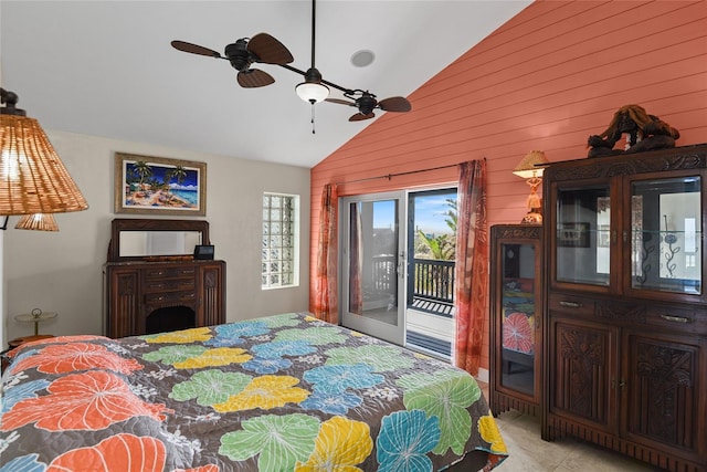 tiled bedroom with ceiling fan, access to exterior, and vaulted ceiling