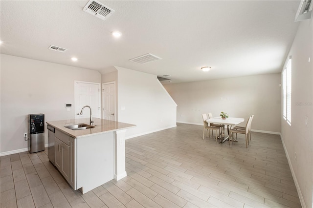 kitchen featuring visible vents, a sink, an island with sink, and stainless steel dishwasher