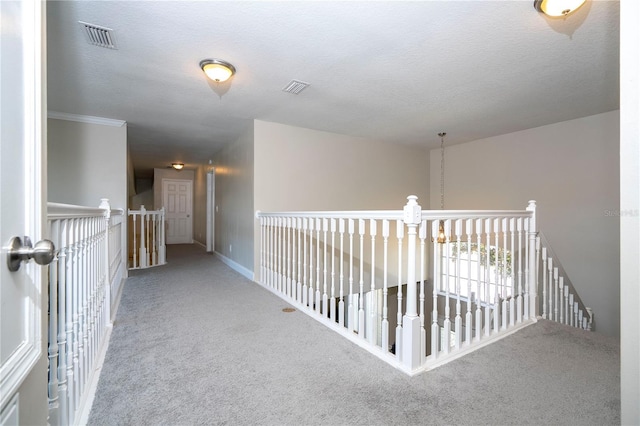 hallway featuring carpet flooring and a textured ceiling