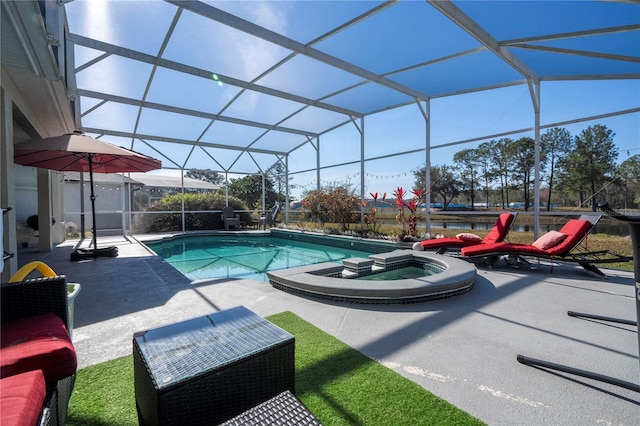 view of swimming pool with an in ground hot tub, a lanai, and a patio