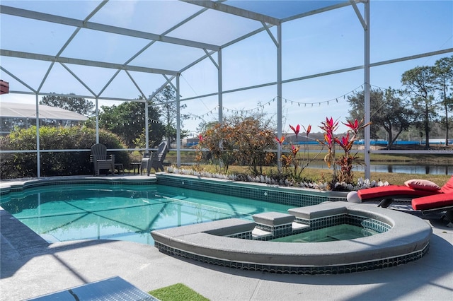 view of pool featuring an in ground hot tub and glass enclosure