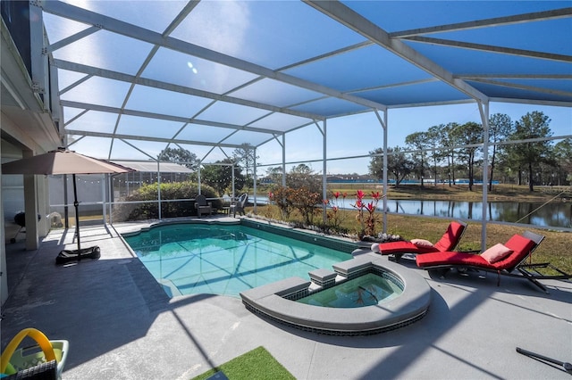 view of pool with a patio, an in ground hot tub, a water view, and glass enclosure