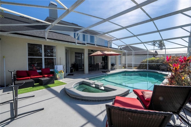 view of pool with a lanai, an outdoor hangout area, a patio, and an in ground hot tub