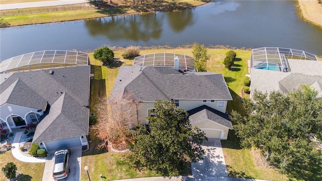 drone / aerial view featuring a water view