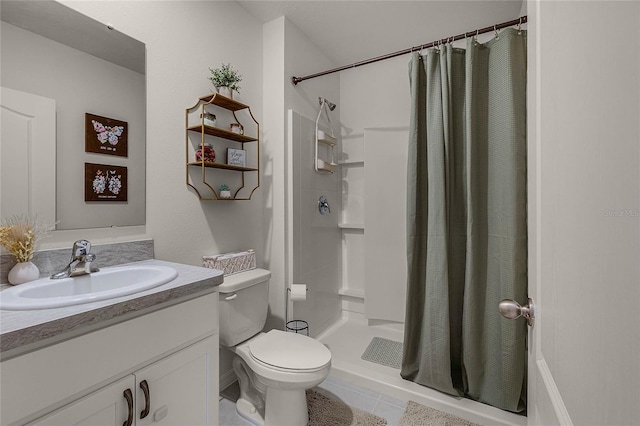 bathroom with walk in shower, vanity, toilet, and tile patterned flooring