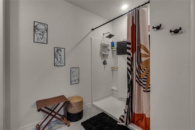 bathroom with a shower with shower curtain