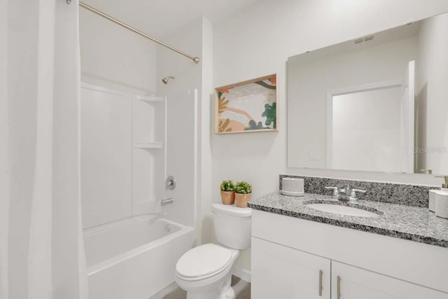 full bathroom featuring shower / washtub combination, toilet, and vanity