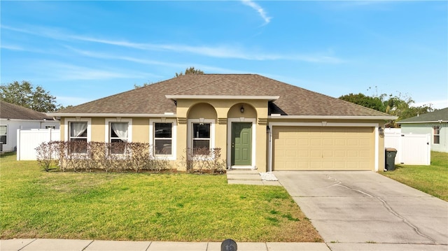 ranch-style house featuring stucco siding, a front yard, and roof with shingles