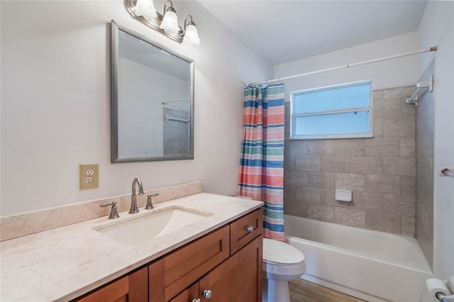 full bathroom featuring vanity, shower / tub combo, hardwood / wood-style flooring, and toilet