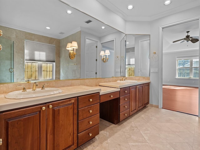 bathroom with vanity, ornamental molding, and ceiling fan