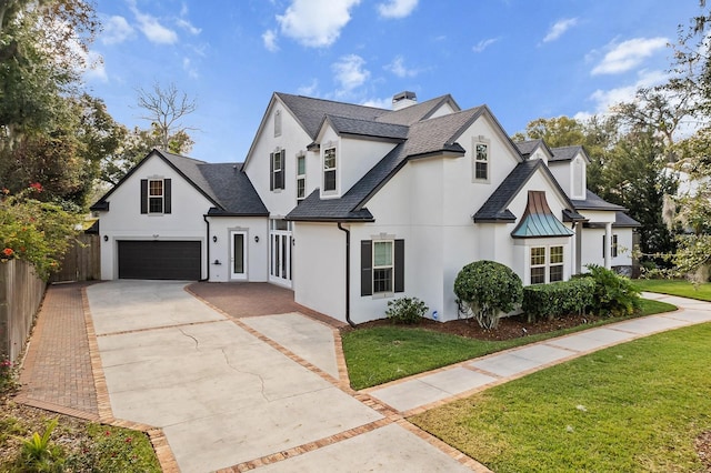 view of front facade featuring a garage and a front lawn